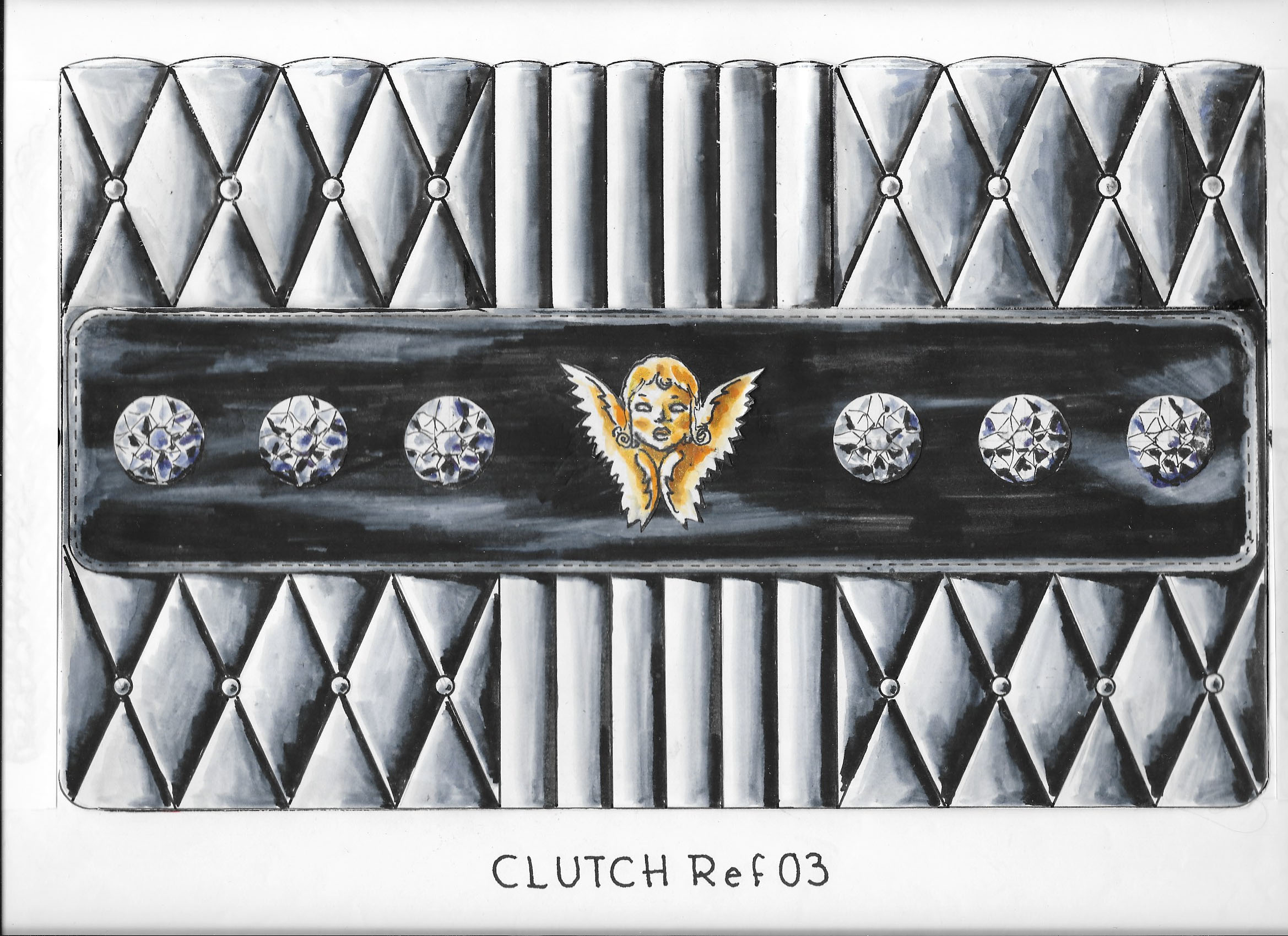 Original front design drawing of The Clutch Bijou